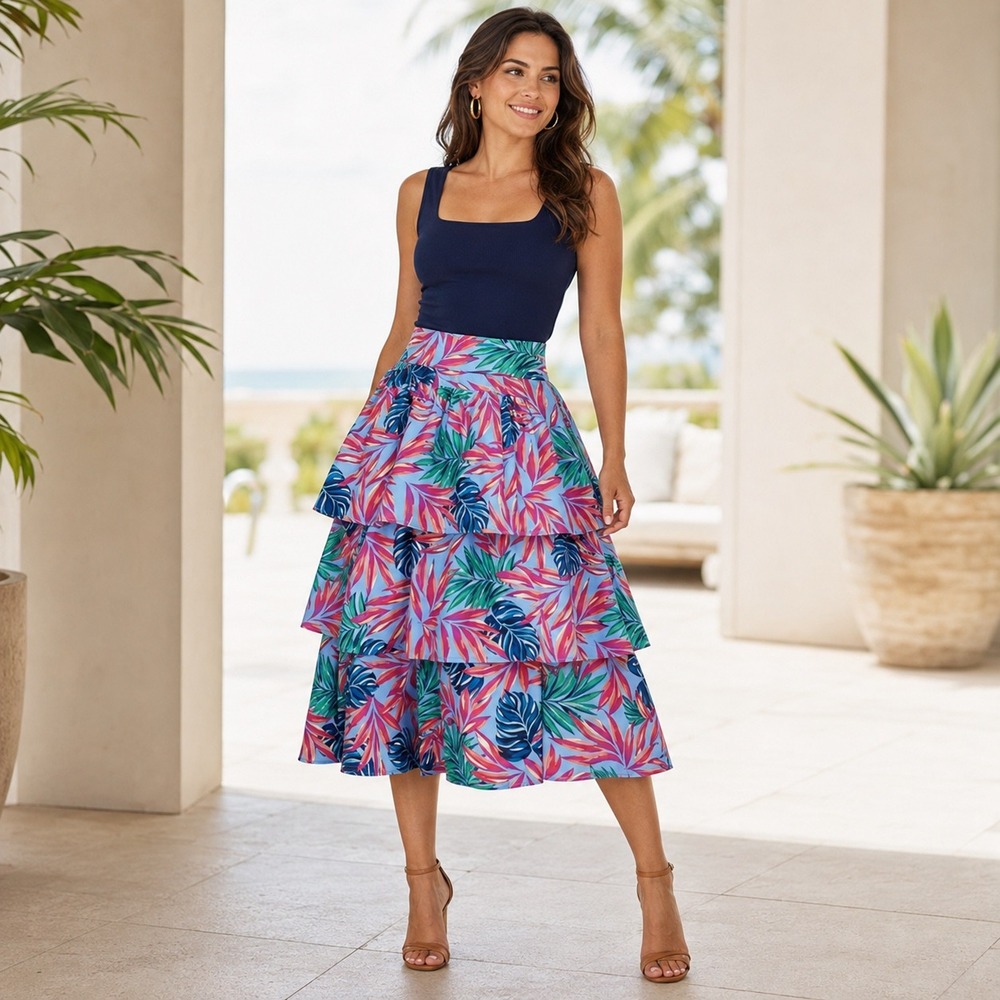 Tabitha Brown x Target Tropical Leaf Tiered Long Skirt Blue Boho Festival Large